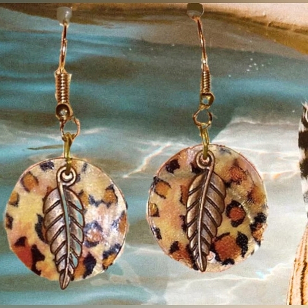 Lot of 2: Leopard Print & Feather Handcrafted Earrings & Free Bracelet